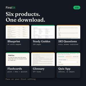 What is inside the SIE bundle: blueprint, study guides, practice questions, flashcards, glossary, and quiz app with counts