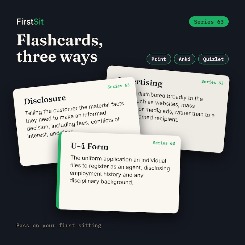 Three real Series 63 flashcards with plain-English definitions, available printable plus Anki and Quizlet
