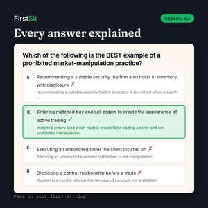 Real Series 63 practice question with every answer choice explained and the correct answer highlighted