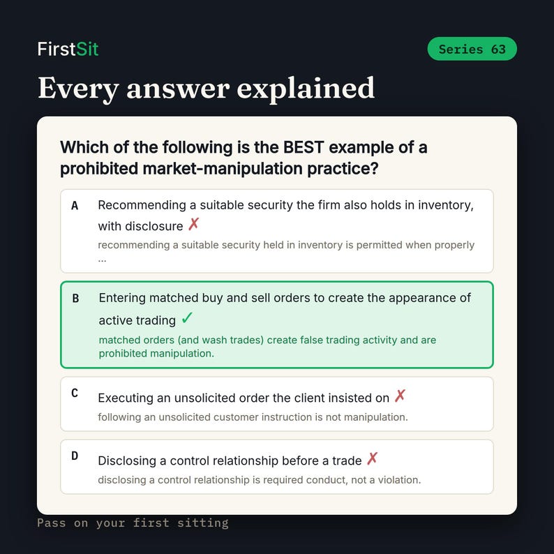 Real Series 63 practice question with every answer choice explained and the correct answer highlighted