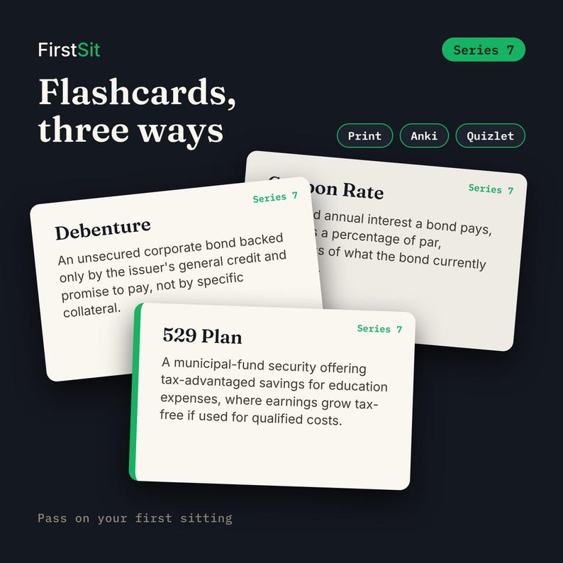 Three real Series 7 flashcards with plain-English definitions, available printable plus Anki and Quizlet
