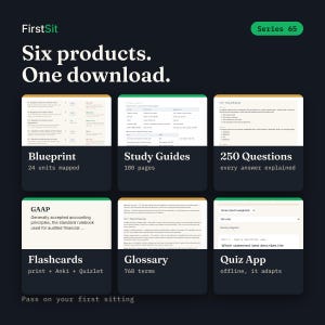 What is inside the Series 65 bundle: blueprint, study guides, practice questions, flashcards, glossary, and quiz app with counts