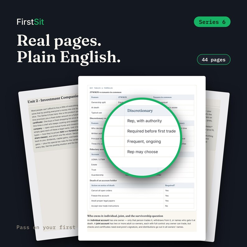 Real sample page from the Series 6 Complete System PDF — FirstSit plain-English study material