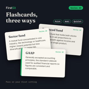 Three real Series 65 flashcards with plain-English definitions, available printable plus Anki and Quizlet