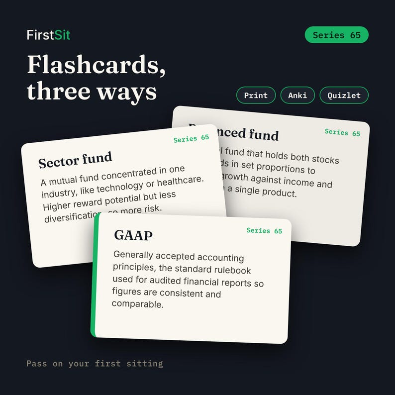 Three real Series 65 flashcards with plain-English definitions, available printable plus Anki and Quizlet