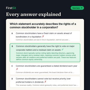Real Series 7 practice question with every answer choice explained and the correct answer highlighted