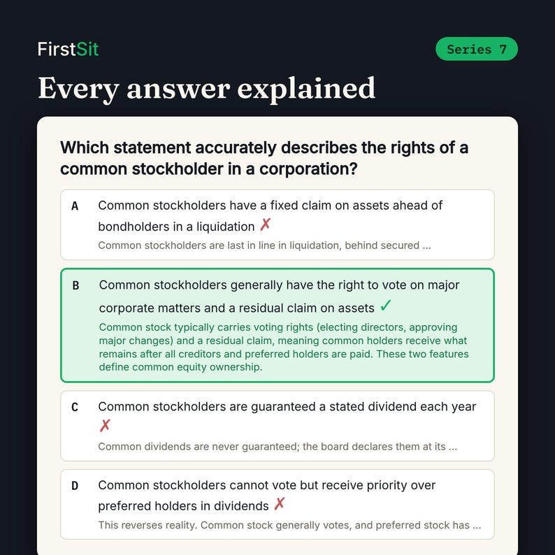 Real Series 7 practice question with every answer choice explained and the correct answer highlighted