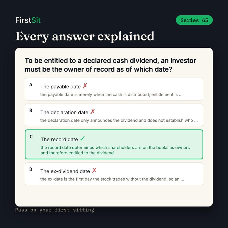 Real Series 65 practice question with every answer choice explained and the correct answer highlighted