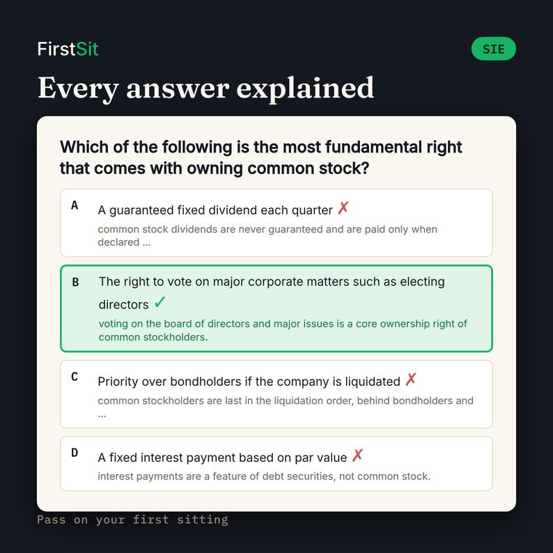Real SIE practice question with every answer choice explained and the correct answer highlighted