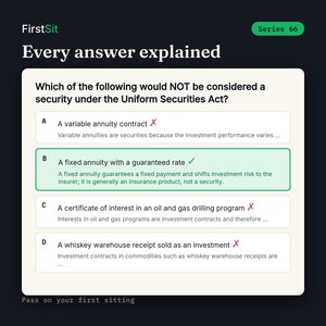 Real Series 66 practice question with every answer choice explained and the correct answer highlighted