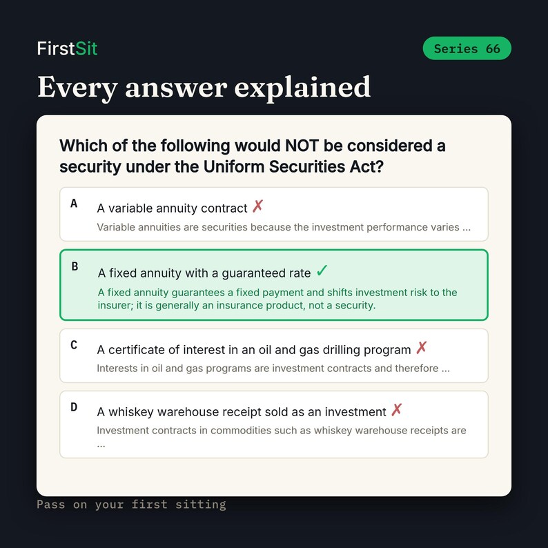 Real Series 66 practice question with every answer choice explained and the correct answer highlighted