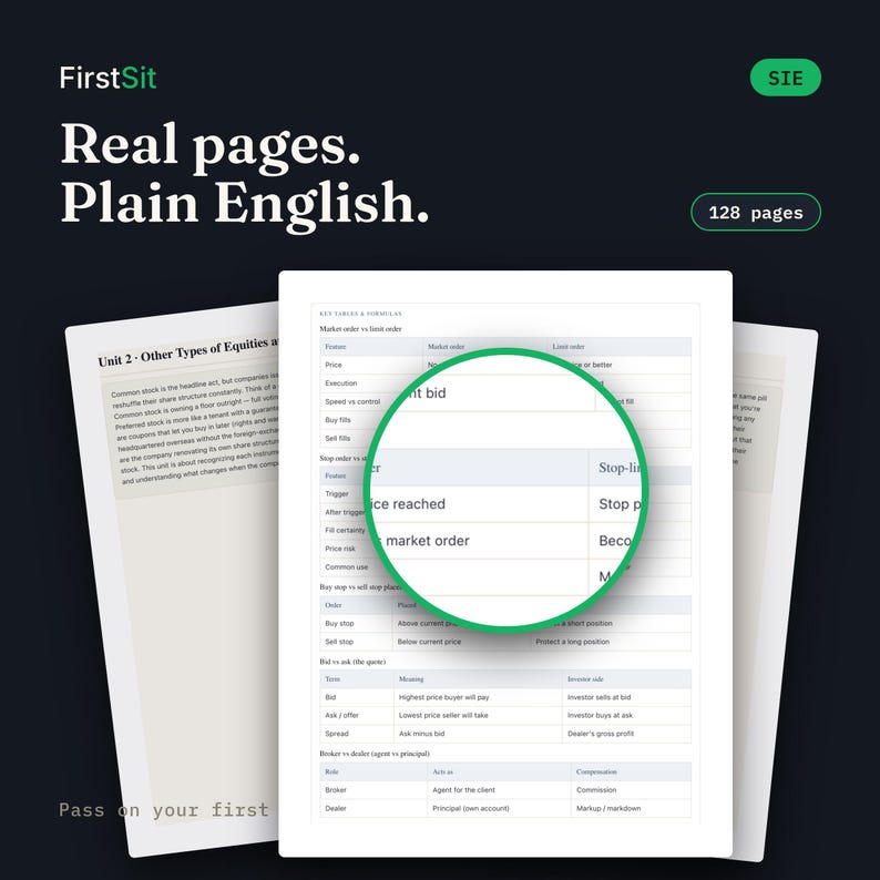 Real sample page from the SIE Complete System PDF — FirstSit plain-English study material