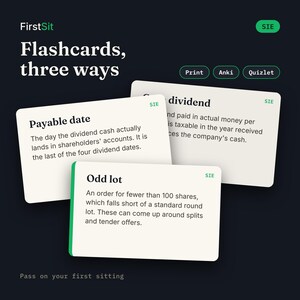 Three real SIE flashcards with plain-English definitions, available printable plus Anki and Quizlet