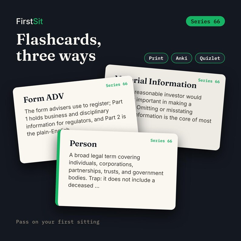 Three real Series 66 flashcards with plain-English definitions, available printable plus Anki and Quizlet