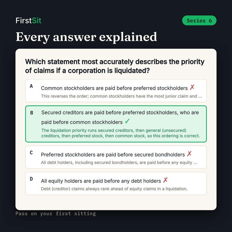 Real Series 6 practice question with every answer choice explained and the correct answer highlighted