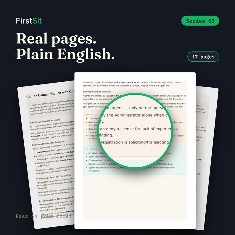 Real sample page from the Series 63 Complete System PDF — FirstSit plain-English study material