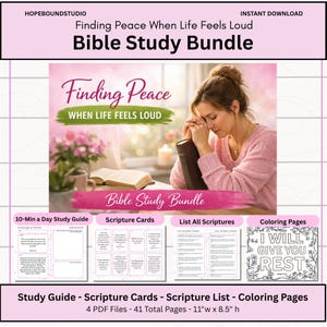 Bible Study Bundle | Finding Peace | Daily Worksheets | Scripture Cards | Coloring Pages | Two Sizes | Instant Download | PDF