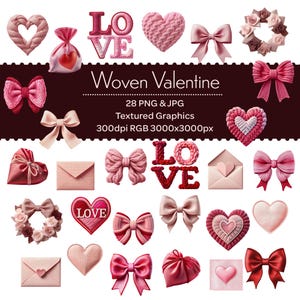Puede incluir: Una colección de gráficos con temática de San Valentín, que incluyen corazones, lazos, sobres y la palabra "LOVE". Los diseños presentan varias texturas y tonos de rosa y rojo. La imagen incluye el texto "Woven Valentine".