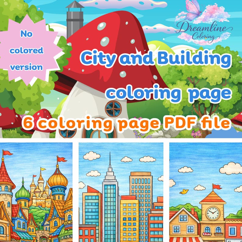 6 City Town Coloring Bundle Fantasy & European Street Coloring