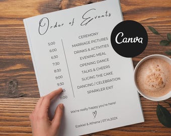 Order of Events Sign Template | Wedding Day Timeline | Minimalist Wedding Program | Printable Reception Sign | Editable Canva