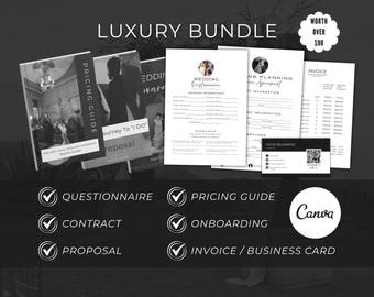 Luxury Wedding Planner Bundle, Editable Canva, Contract, Client Questionnaire, Proposal, Pricing Guide, Onboarding, Invoice & Business Card
