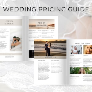 May include: A wedding pricing guide with the title "WEDDING PRICING GUIDE" at the top. The guide is open, displaying sections for partial planning, add-on services, and team introductions. Photos of couples and team members are included.