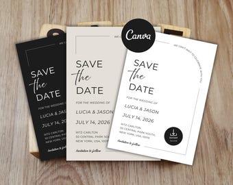 Save The Date Template Canva Editable, Minimalist Wedding Announcement Card, Luxury Black White Beige