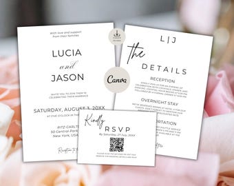 Minimalist Wedding Invitation Suite, Canva Editable, QR RSVP Card (Digital Download)