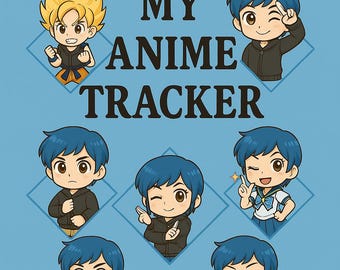 Puede incluir: Un fondo azul presenta el texto "MY ANIME TRACKER" con personajes de dibujos animados en varias poses. También está presente la frase "A Nitelite's Thoughts Tracker". La imagen incluye un aviso de derechos de autor.