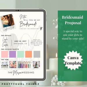 May include: Digital template for a bridesmaid proposal. The design features a photo, text that reads "Nita, will you be my bridesmaid?" and details for the wedding. The color palette includes pink, purple, green, orange, and gray.