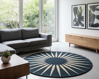Round Sunburst Rug, Navy Blue Area Carpet, Modern Geometric Floor Mat.