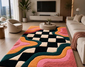 Colorful Abstract Hand Tufted Rug | Modern Geometric Wool Area Rug | Handmade Living Room & Bedroom Carpet | Custom Designer Rug.