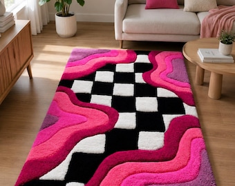 Hand Tufted Pink Checkered Wave Rug, Playful Dopamine Decor Area Carpet.