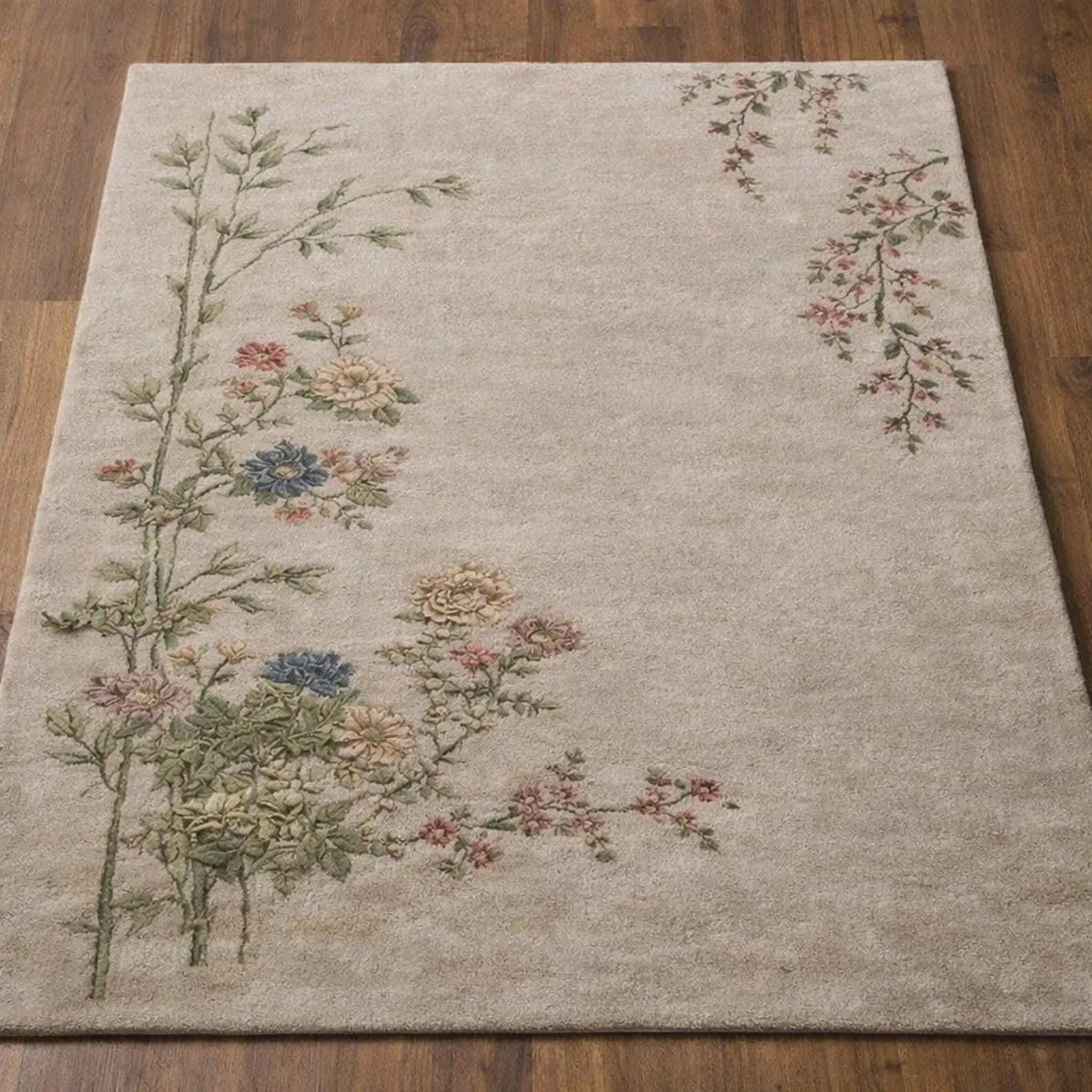 Hand Tufted Floral Rug – Soft Beige Botanical Design | Minimal Vintage ...
