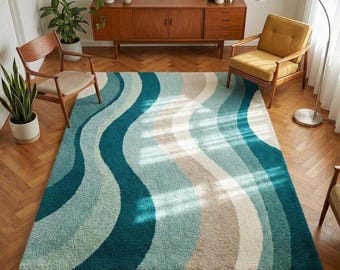 Modern Abstract Area Rug Teal Blue Cream | Contemporary Wavy Pattern Carpet.