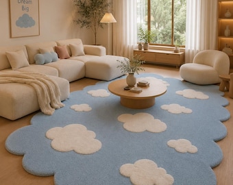 Hand-Tufted Wool Cloud Rug | Sky Blue Nursery Area Carpet | Soft Kids Room Decor