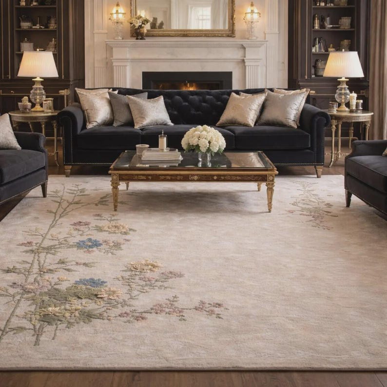 Hand Tufted Floral Rug – Soft Beige Botanical Design | Minimal Vintage ...