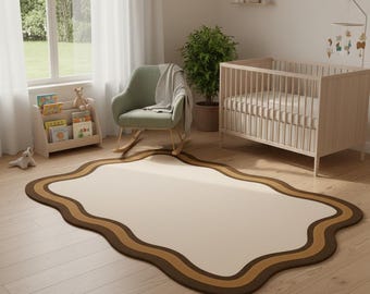 Scalloped Area Rug, Neutral Wavy Border, Cream Brown Carpet, Nursery Bedroom Decor
