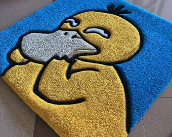 Psyduck Tufted Rug, Anime Rug, Handmade Wool carpet, Funky Area mat.