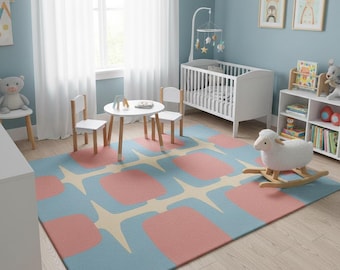 Pastel Geometric Nursery Rug, Retro Kids Playroom Carpet, Modern Baby Decor