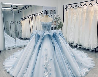 Light Blue Butterfly Beaded Wedding Gown with Cathedral Trail Crystal Detail