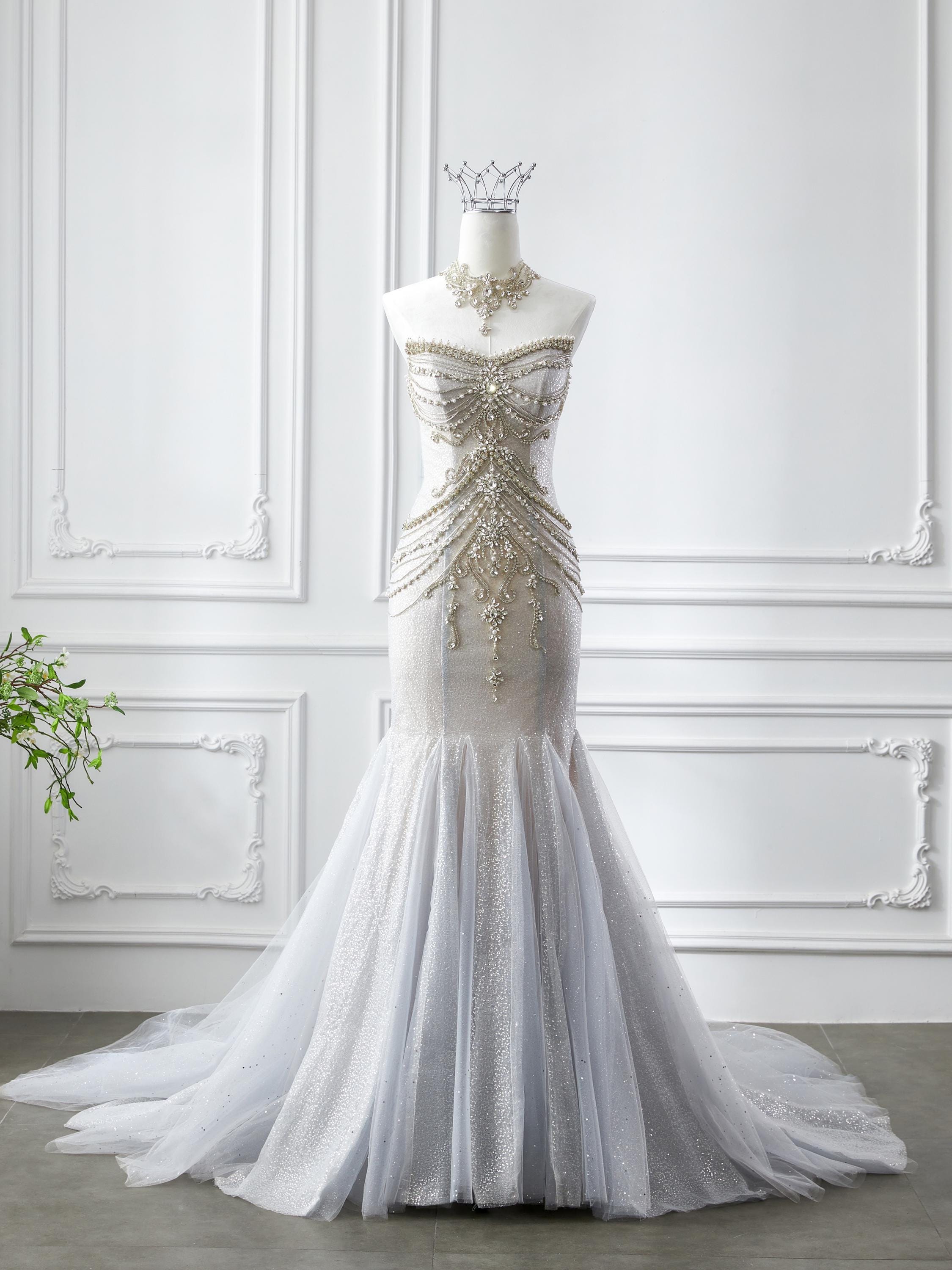 chic strapless organza a-line wedding dress with pearl accents Strapless Organza A-Line Wedding Dress with Pearl-Embellished Illusion Long Sleeves main image 0