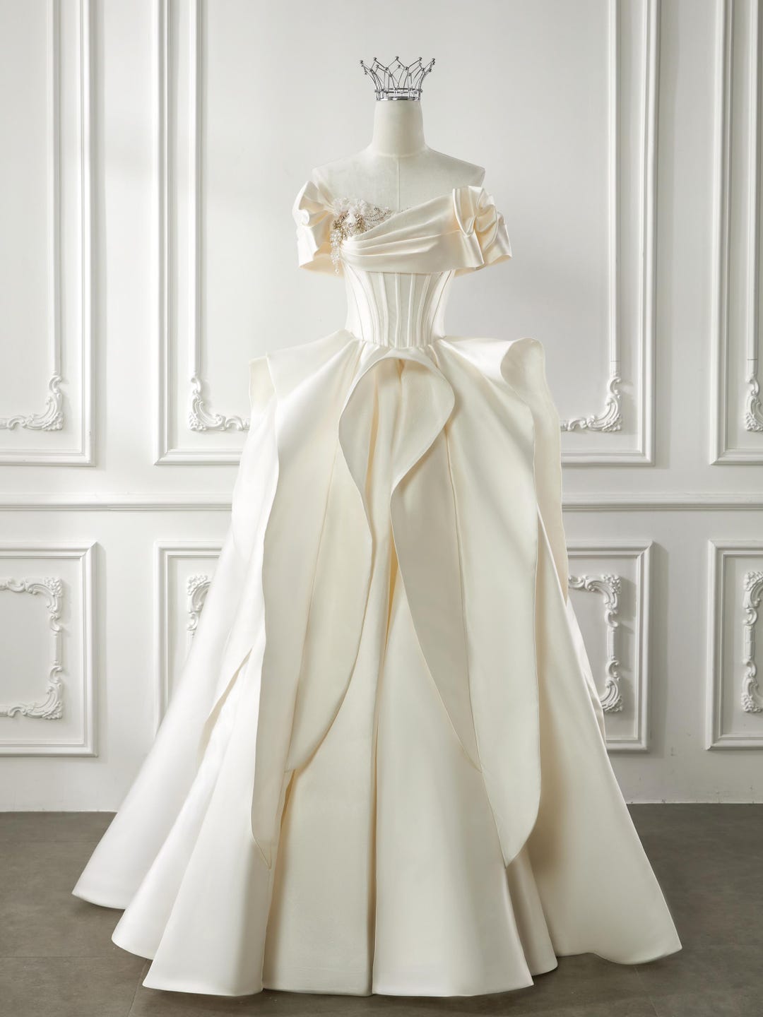 Off Shoulder Satin Ball Gown Wedding Dress With Dramatic Folds ...