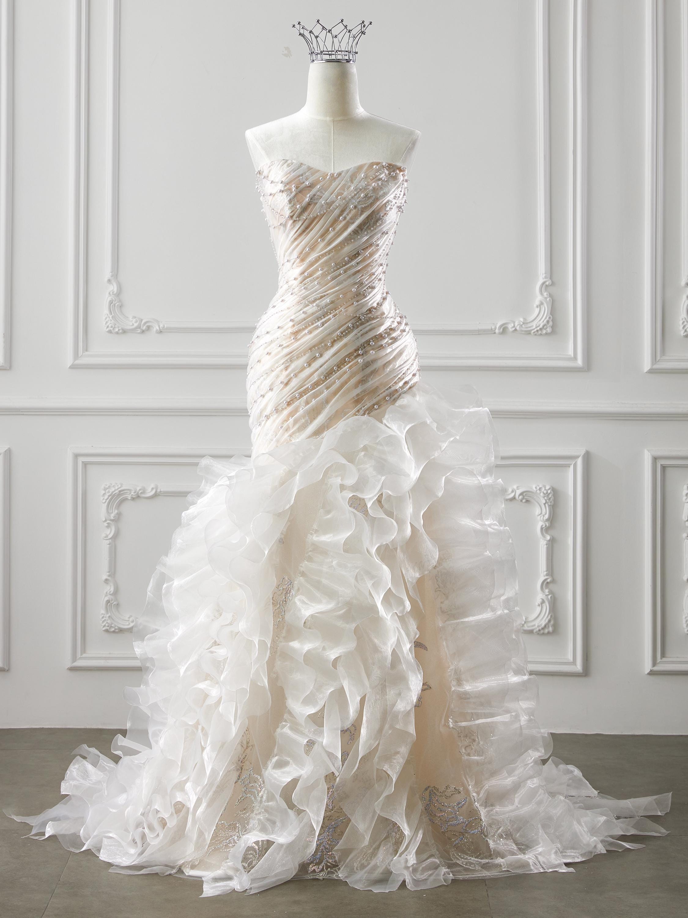 chinese dress ladies Beautiful Tulle Lace Ivory Mermaid Deep V-neck Long Wedding Dresses, MW520