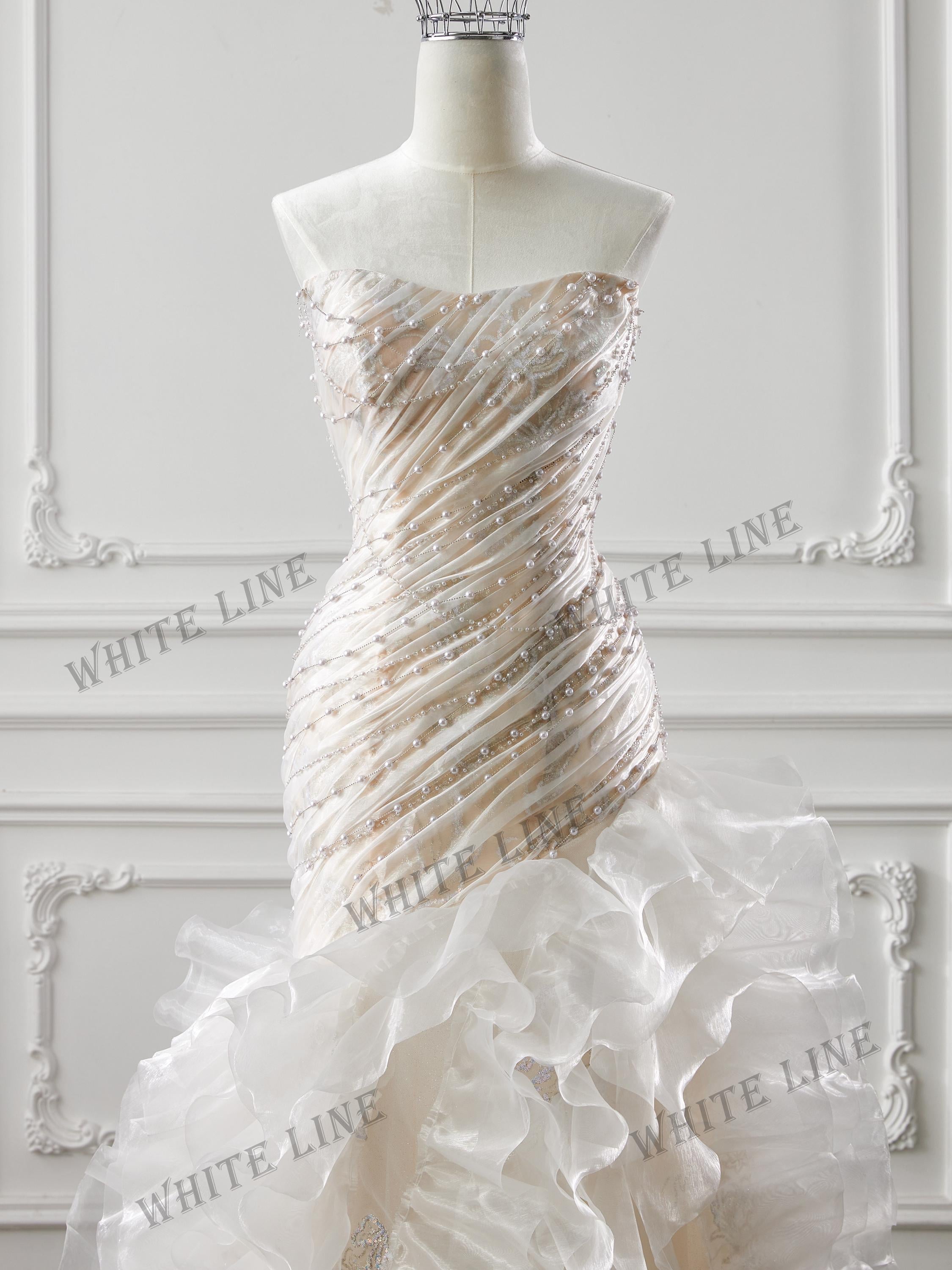 Strapless Ruched Mermaid Wedding Dress With Ruffled Train Luxury Bridal Strapless Ruched Mermaid Wedding Dress With Ruffled Train Luxury Bridal