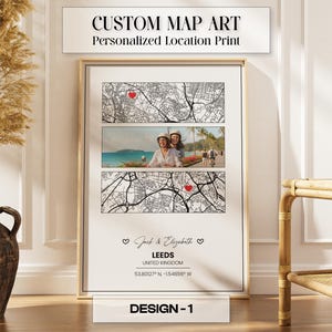 Könnte beinhalten: Gerahmter Kunstdruck mit individueller Karte mit dem Text "CUSTOM MAP ART Personalized Location Print". Das Kunstwerk zeigt eine Karte von Leeds, Vereinigtes Königreich, mit einem Foto und herzförmigen Markierungen. Das Design enthält die Namen "Jack & Elizabeth" und die Koordinaten 53.80127° N, -1.54856° W.