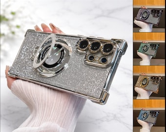 Funda de lujo con anillo magnético con purpurina para Samsung Galaxy S25 Ultra S24 S23 S22 MagSafe Stand a prueba de golpes con diamantes. Un regalo único para ella.