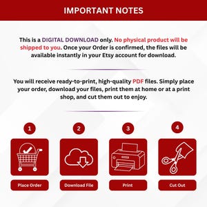 May include: A digital download guide with instructions on how to place an order, download files, print, and cut out the product. The guide includes four steps with corresponding icons: shopping cart, cloud, printer, and scissors.