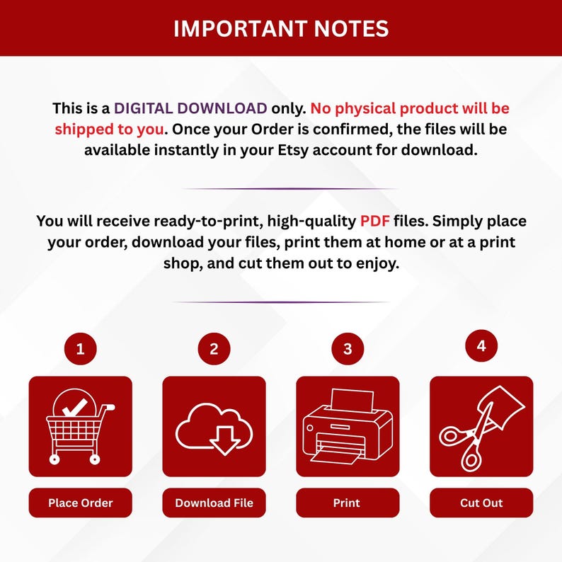 May include: A digital download guide with instructions on how to place an order, download files, print, and cut out the product. The guide includes four steps with corresponding icons: shopping cart, cloud, printer, and scissors.
