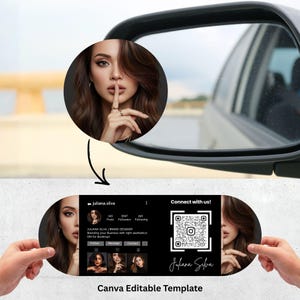 Może przedstawiać: Czarno-biały edytowalny szablon Canva z portretem kobiety, lusterkiem bocznym samochodu i projektem profilu w mediach społecznościowych. Profil zawiera kod QR, imię i nazwisko "Juliana Silva" oraz tekst "Połącz się z nami!"